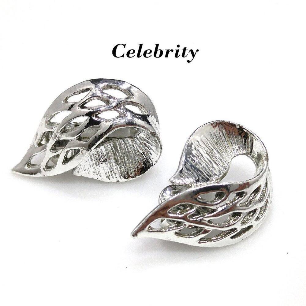 Vintage 1960s Celebrity Silver Tone Leaf Clip On Earrings Textured Openwork